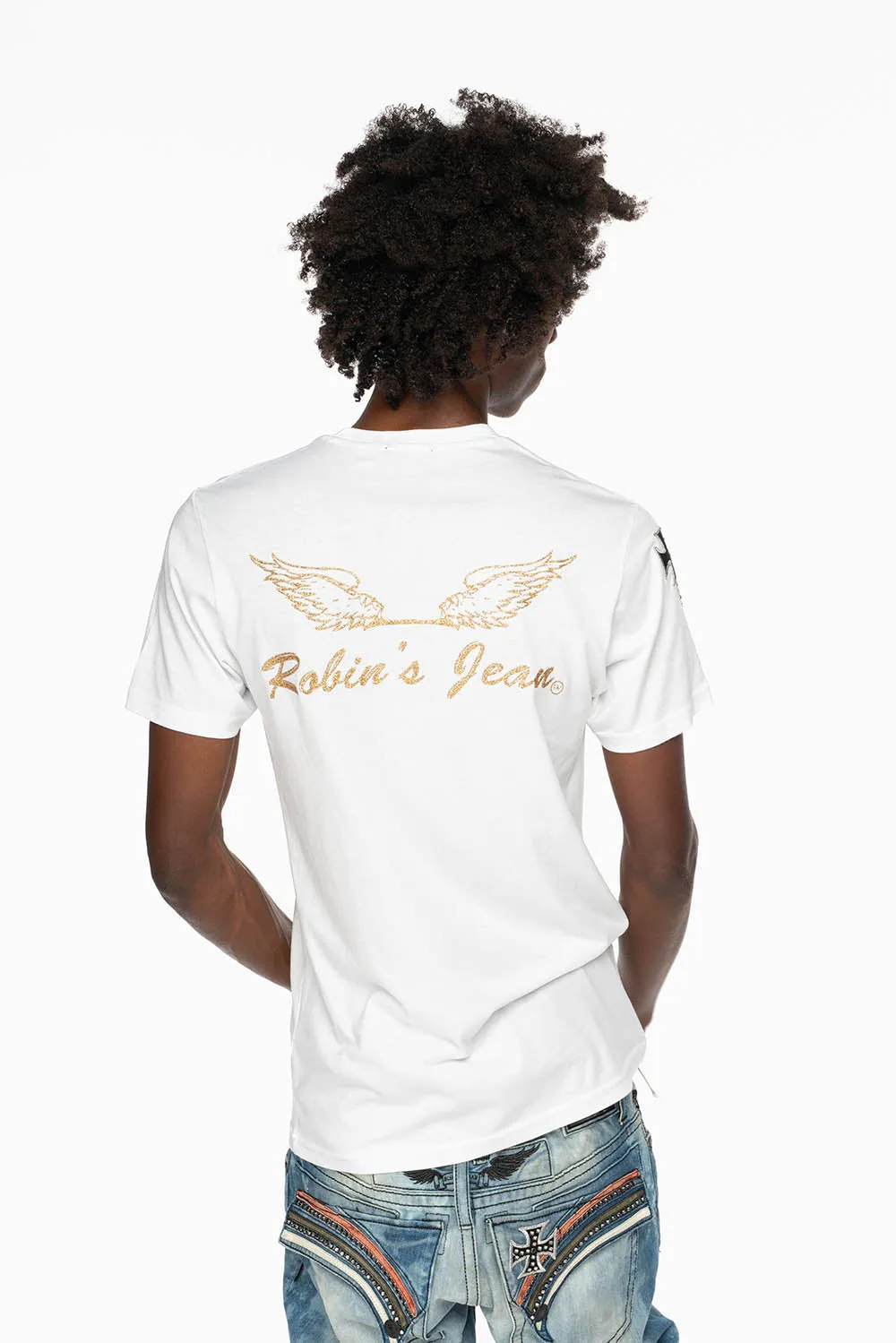 ROBIN’S LOGO WINGS TEE IN WHITE EMBELLISHED WITH CROSS PATCHES AND CRYSTALS sold by Robin's Jean product image thumbnail 4