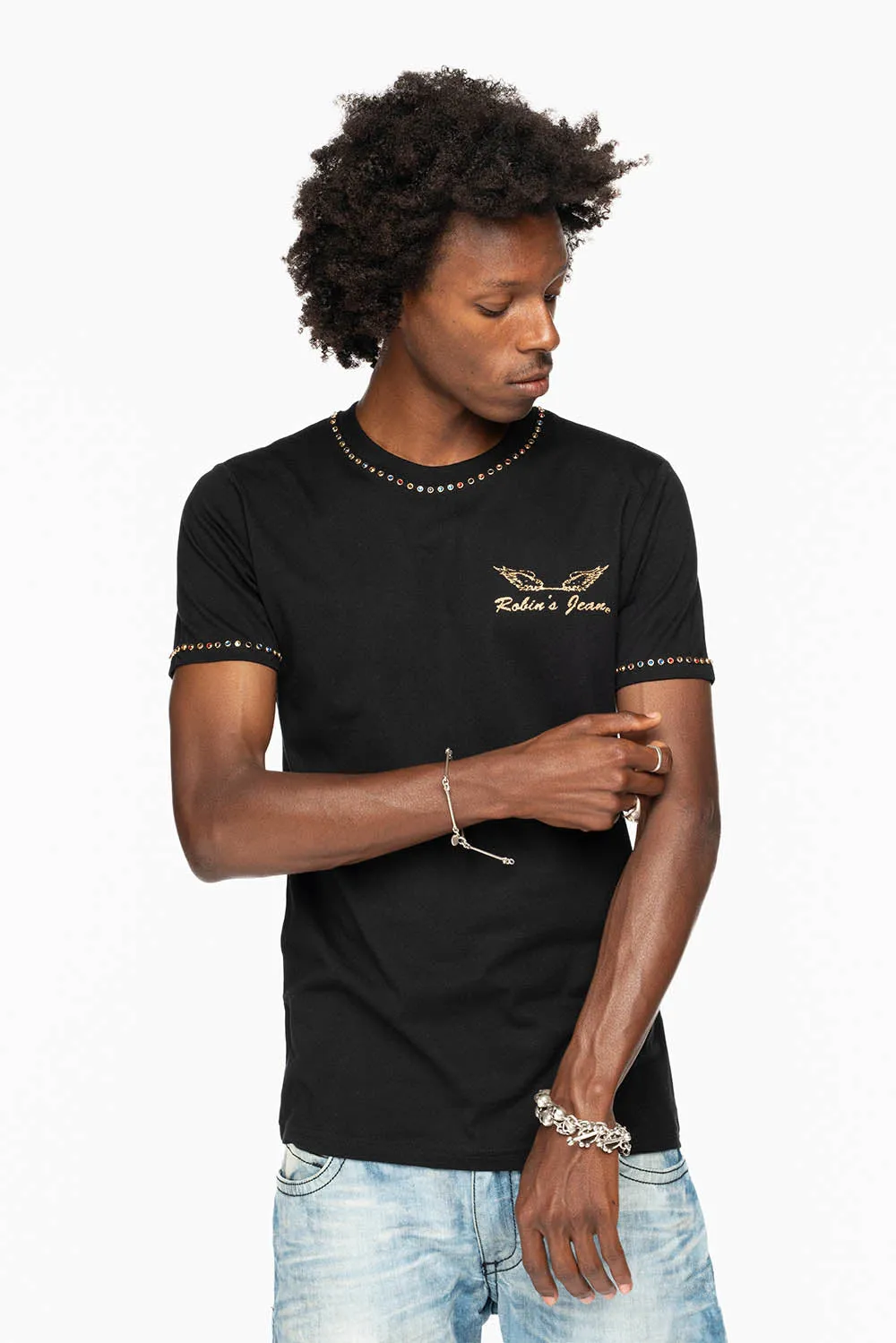 ROBIN’S LOGO WINGS TEE IN BLACK GOLD GLITTER EMBELLISHED WITH MULTI COLOR CRYSTALS sold by Robin's Jean product image thumbnail 5