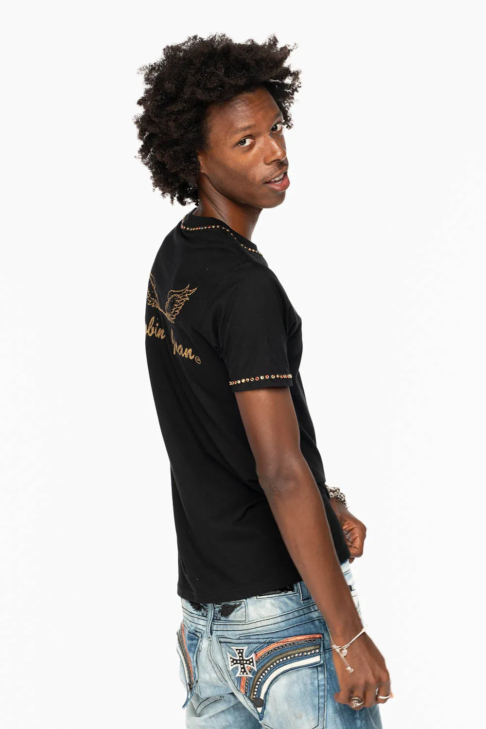 ROBIN’S LOGO WINGS TEE IN BLACK GOLD GLITTER EMBELLISHED WITH MULTI COLOR CRYSTALS sold by Robin's Jean product image thumbnail 3