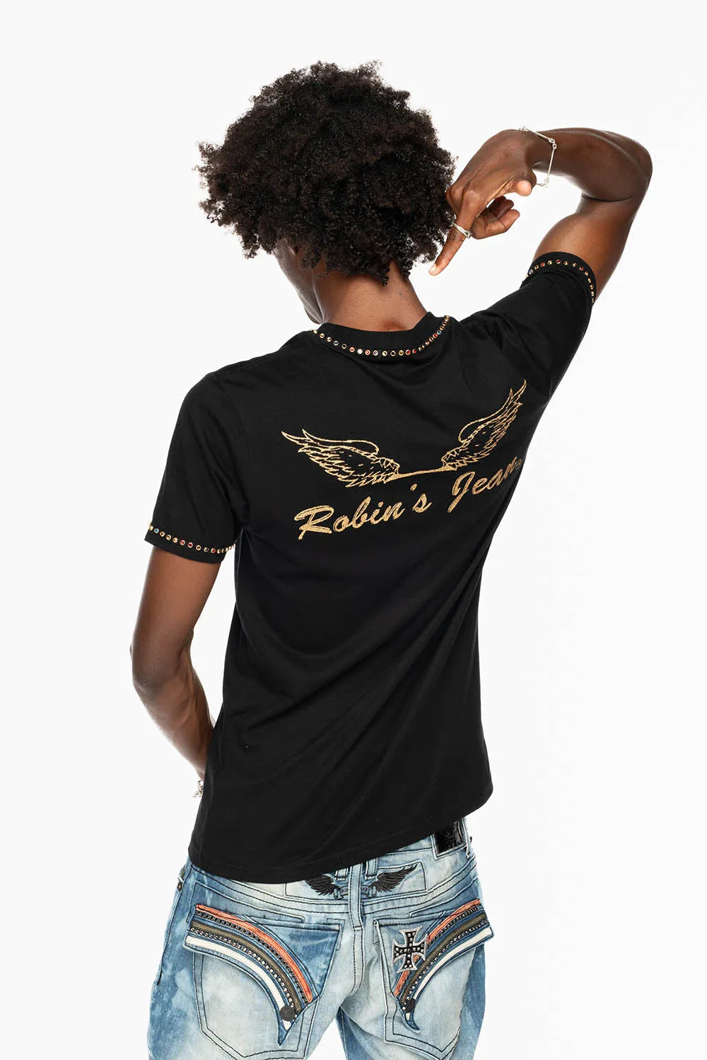 ROBIN’S LOGO WINGS TEE IN BLACK GOLD GLITTER EMBELLISHED WITH MULTI COLOR CRYSTALS sold by Robin's Jean
