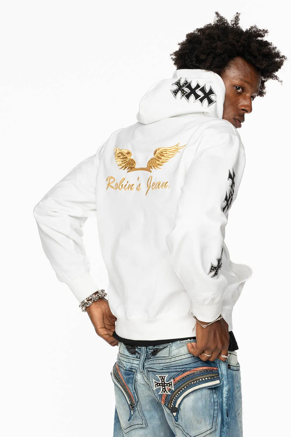 ROBIN’S JEAN PULLOVER HOODIE IN WHITE EMBELLISHED WITH MEDIEVAL CROSS PATCHES AND CRYSTALS sold by Robin's Jean product image thumbnail 3