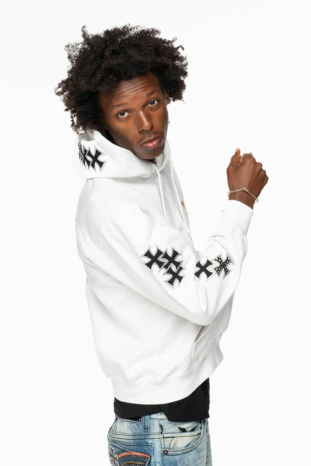 ROBIN’S JEAN PULLOVER HOODIE IN WHITE EMBELLISHED WITH MEDIEVAL CROSS PATCHES AND CRYSTALS sold by Robin's Jean product image thumbnail 4
