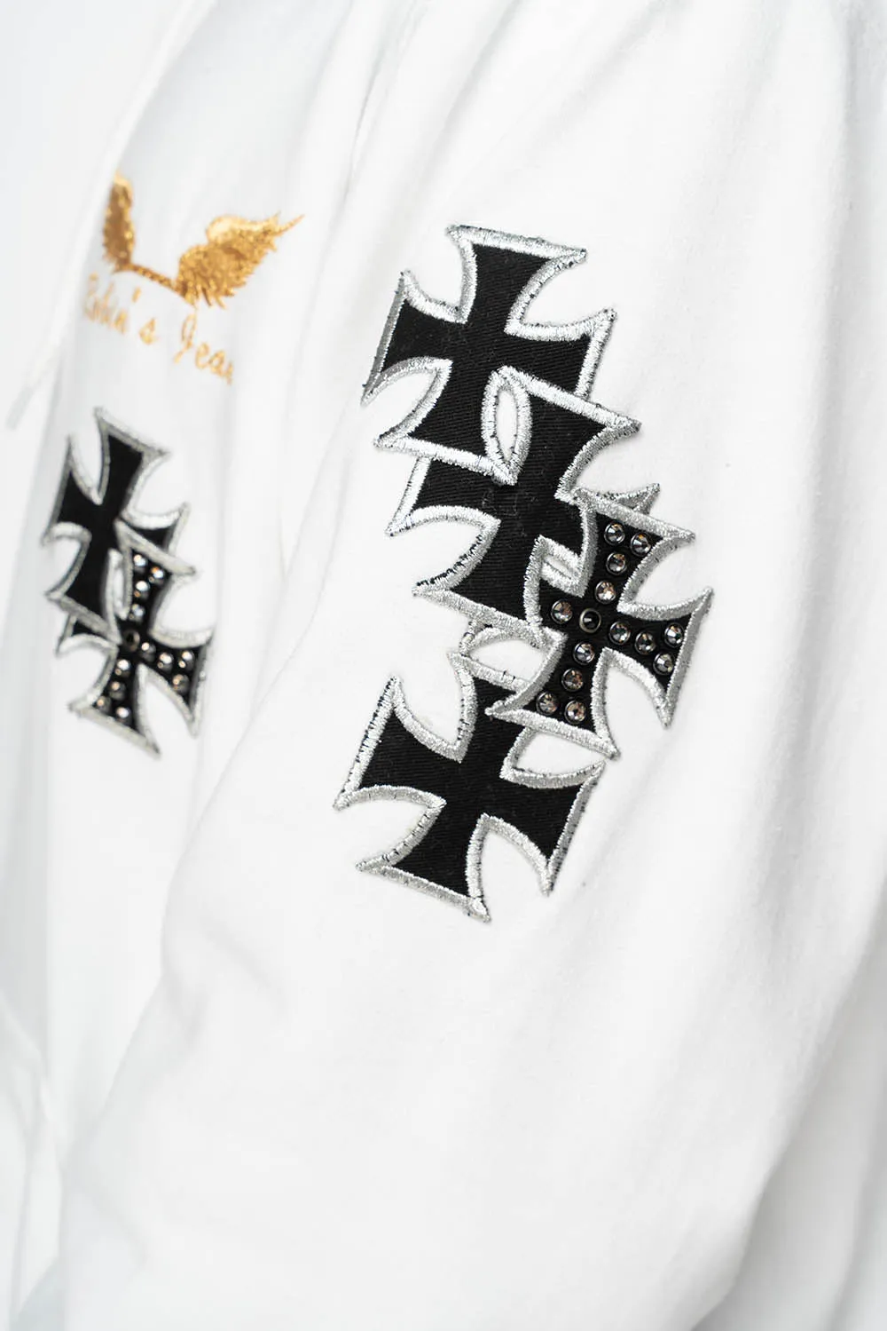 ROBIN’S JEAN PULLOVER HOODIE IN WHITE EMBELLISHED WITH MEDIEVAL CROSS PATCHES AND CRYSTALS sold by Robin's Jean product image thumbnail 2