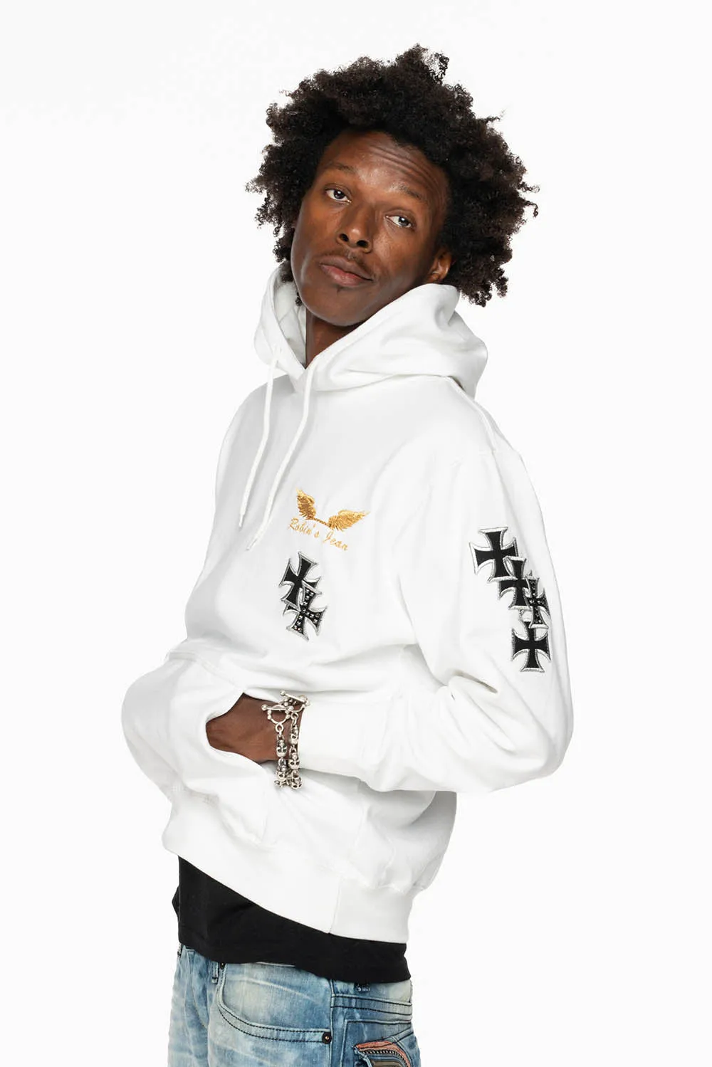 ROBIN’S JEAN PULLOVER HOODIE IN WHITE EMBELLISHED WITH MEDIEVAL CROSS PATCHES AND CRYSTALS sold by Robin's Jean product image thumbnail 5