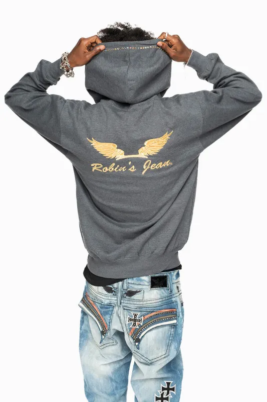 ROBIN’S JEAN PULLOVER HOODIE IN DARK HEATHER EMBELLISHED WITH MULTI-COLOR CRYSTALS sold by Robin's Jean