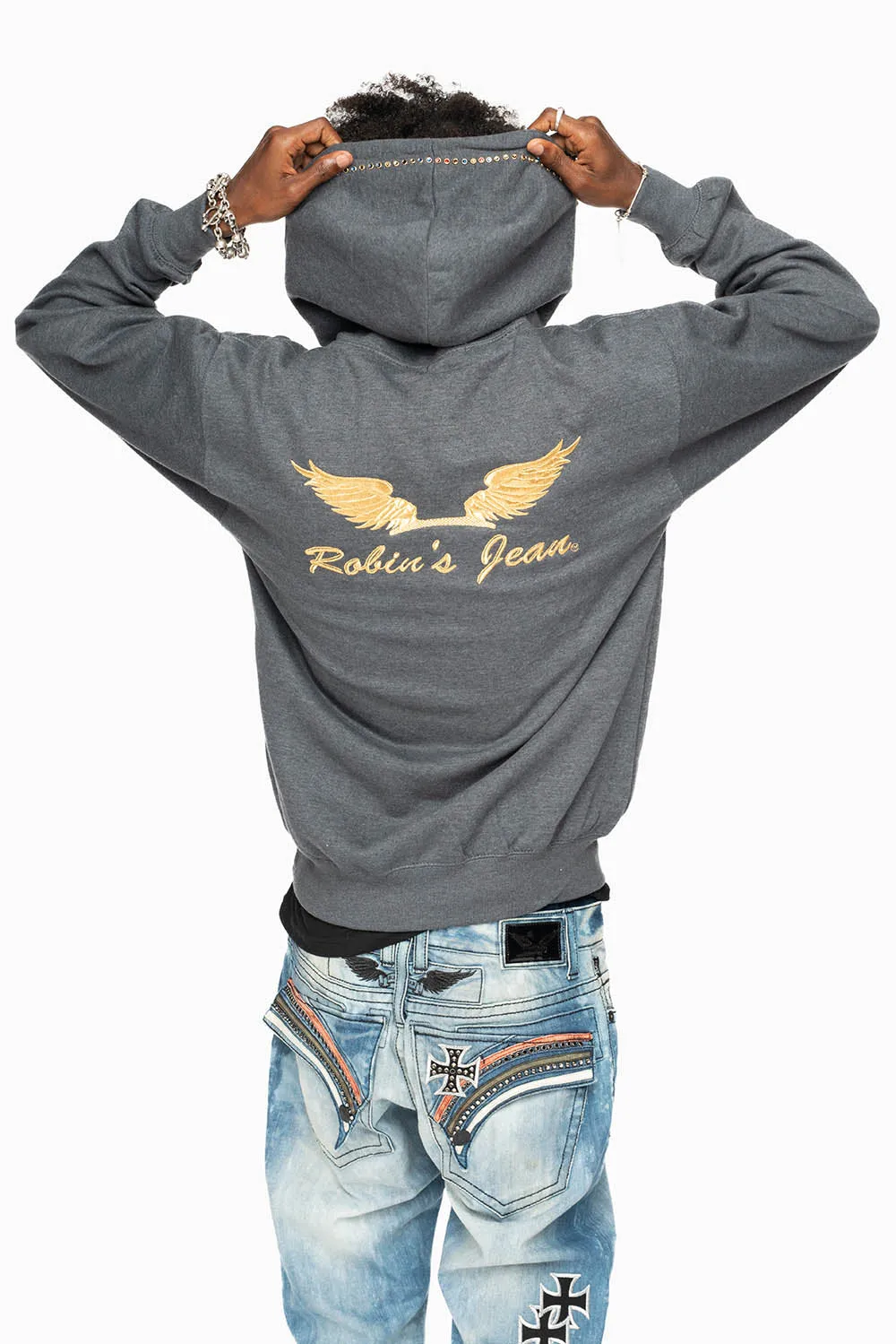 ROBIN’S JEAN PULLOVER HOODIE IN DARK HEATHER EMBELLISHED WITH MULTI-COLOR CRYSTALS sold by Robin's Jean