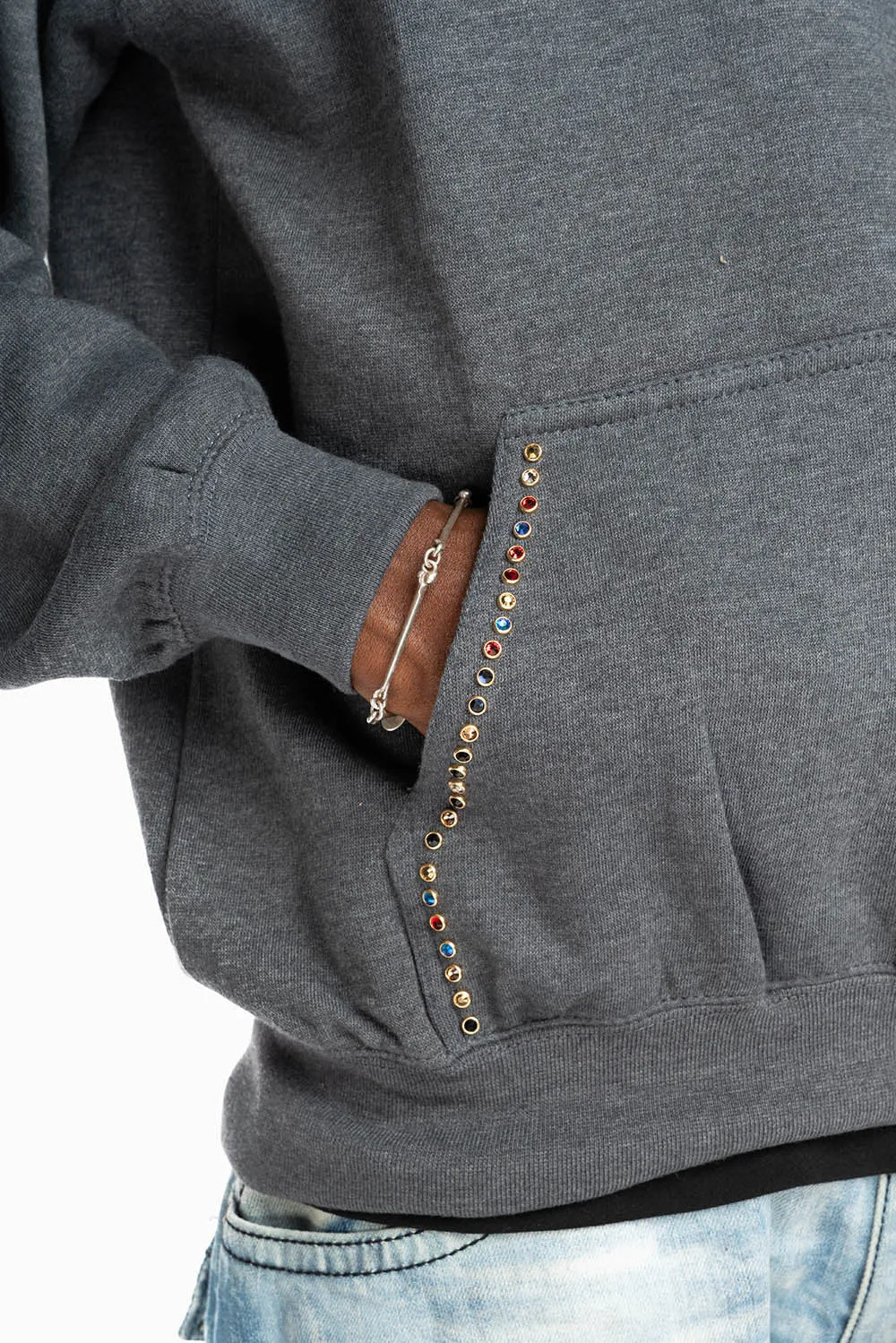 ROBIN’S JEAN PULLOVER HOODIE IN DARK HEATHER EMBELLISHED WITH MULTI-COLOR CRYSTALS sold by Robin's Jean product image thumbnail 2