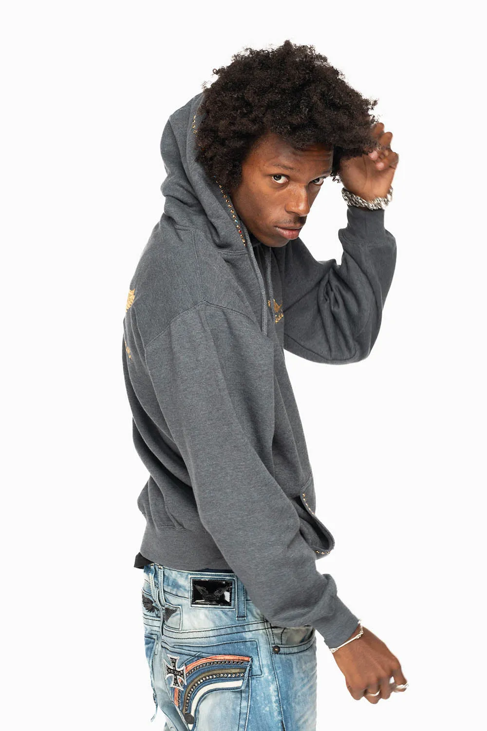 ROBIN’S JEAN PULLOVER HOODIE IN DARK HEATHER EMBELLISHED WITH MULTI-COLOR CRYSTALS sold by Robin's Jean product image thumbnail 3