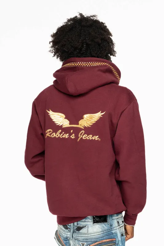ROBIN’S JEAN PULLOVER HOODIE IN BURGUNDY EMBELLISHED WITH CRYSTALS AND NAILHEADS sold by Robin's Jean