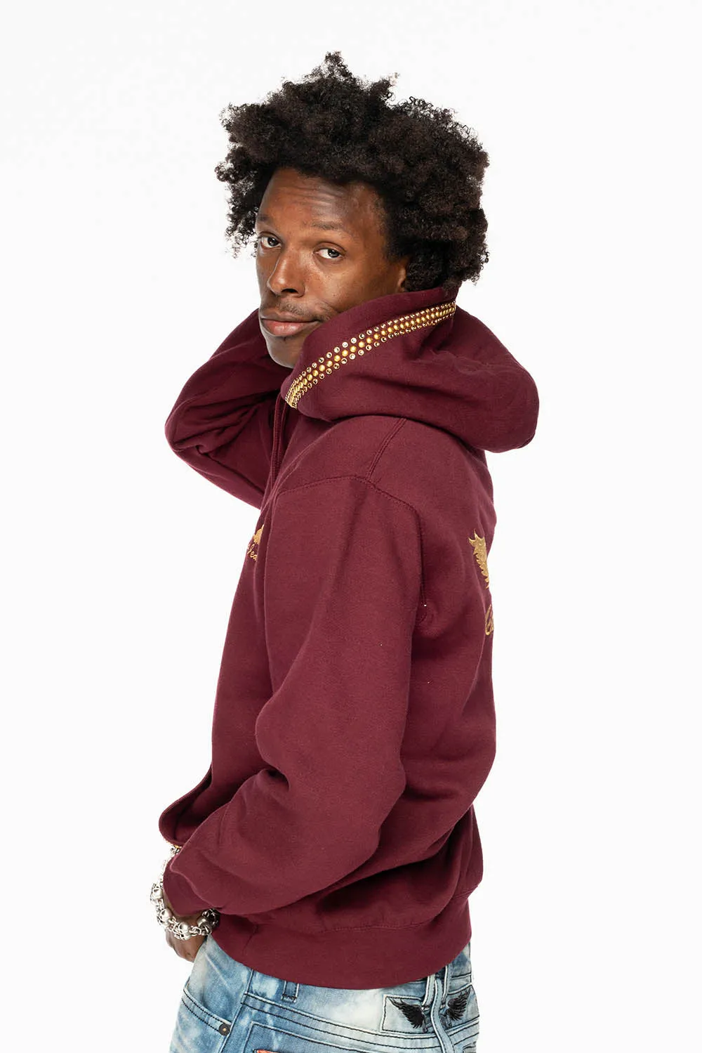 ROBIN’S JEAN PULLOVER HOODIE IN BURGUNDY EMBELLISHED WITH CRYSTALS AND NAILHEADS sold by Robin's Jean product image thumbnail 3