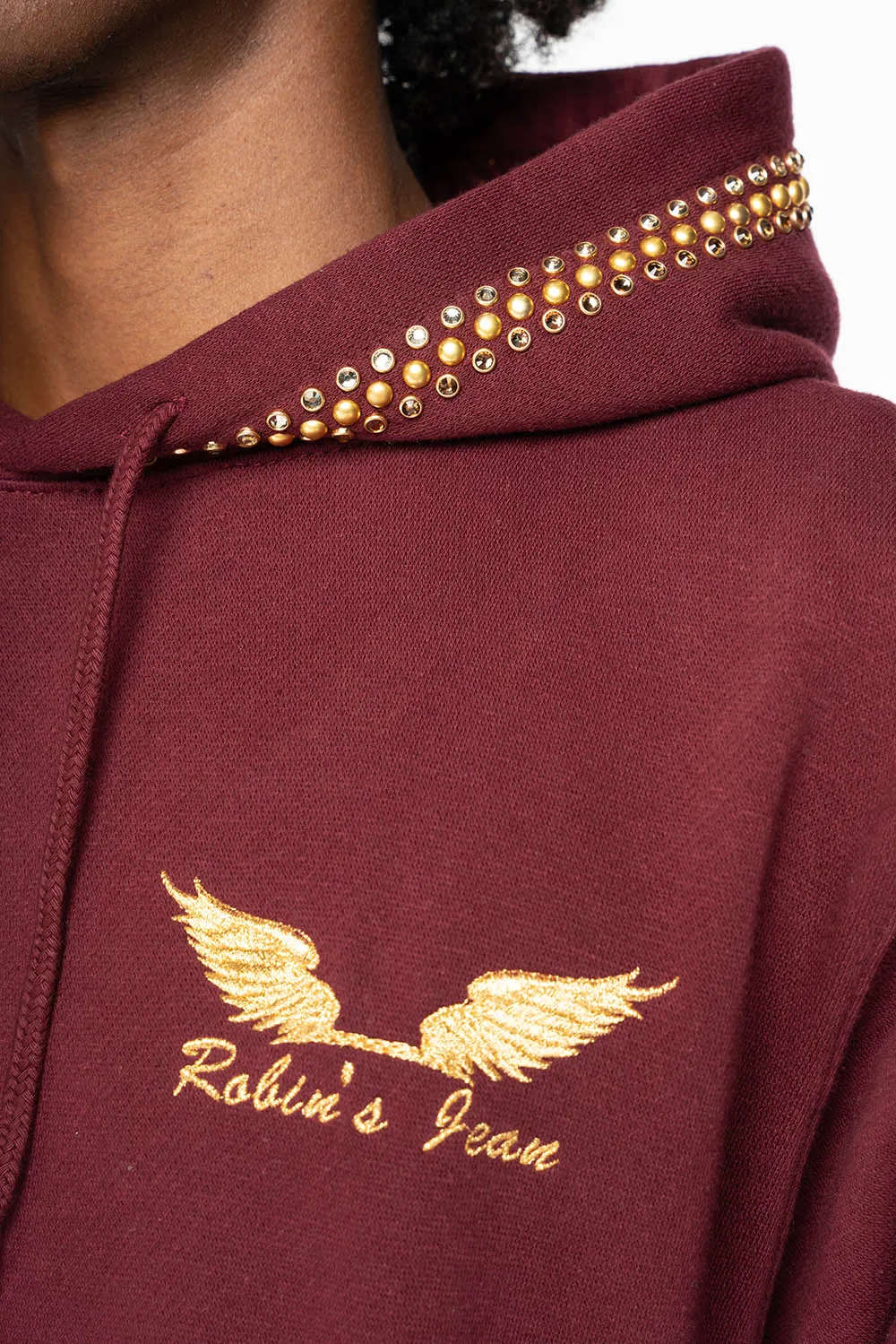 ROBIN’S JEAN PULLOVER HOODIE IN BURGUNDY EMBELLISHED WITH CRYSTALS AND NAILHEADS sold by Robin's Jean product image thumbnail 2