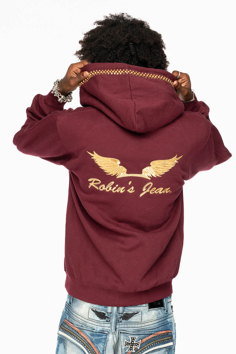 ROBIN’S JEAN PULLOVER HOODIE IN BURGUNDY EMBELLISHED WITH CRYSTALS AND NAILHEADS sold by Robin's Jean product image thumbnail 4