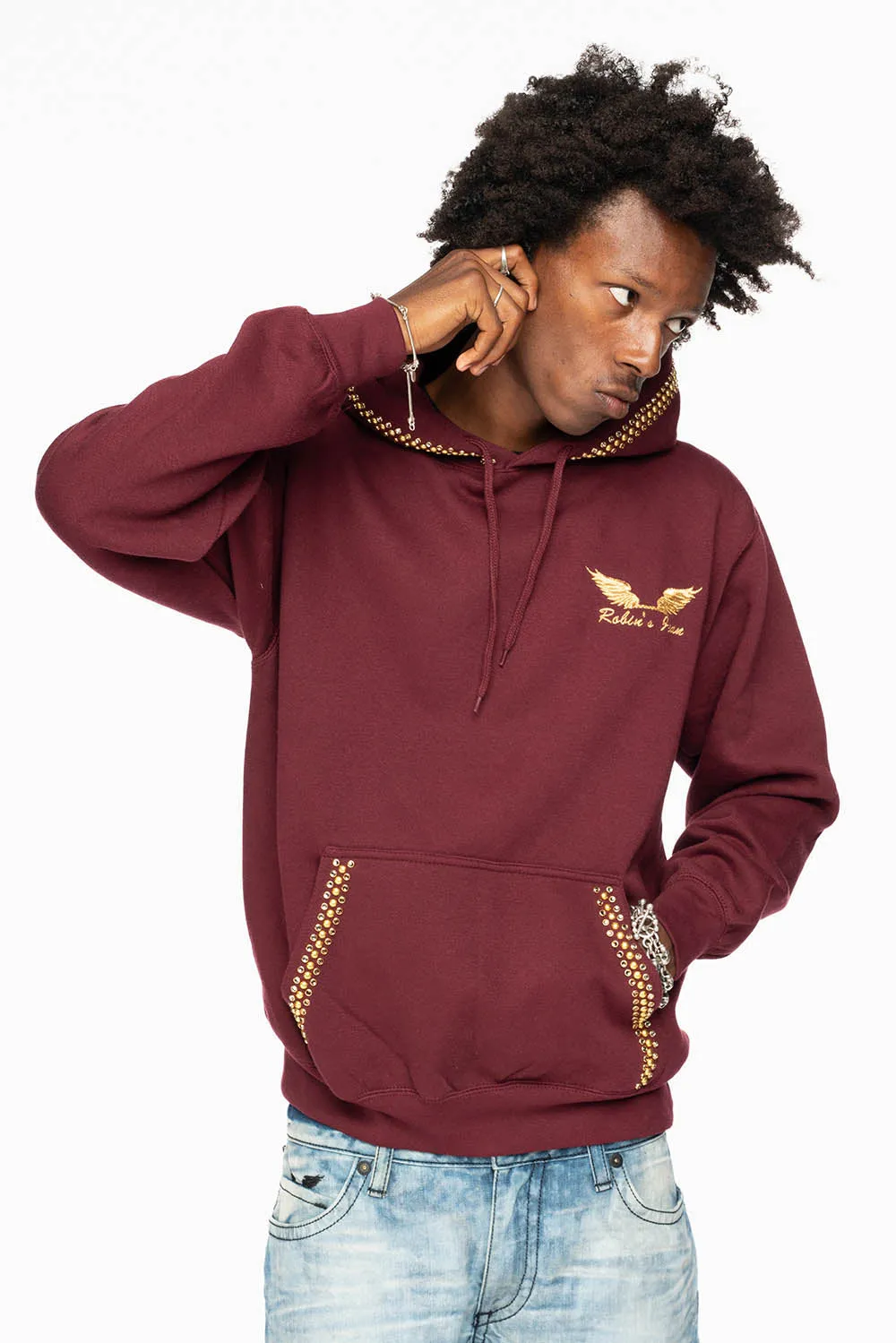 ROBIN’S JEAN PULLOVER HOODIE IN BURGUNDY EMBELLISHED WITH CRYSTALS AND NAILHEADS sold by Robin's Jean product image thumbnail 5