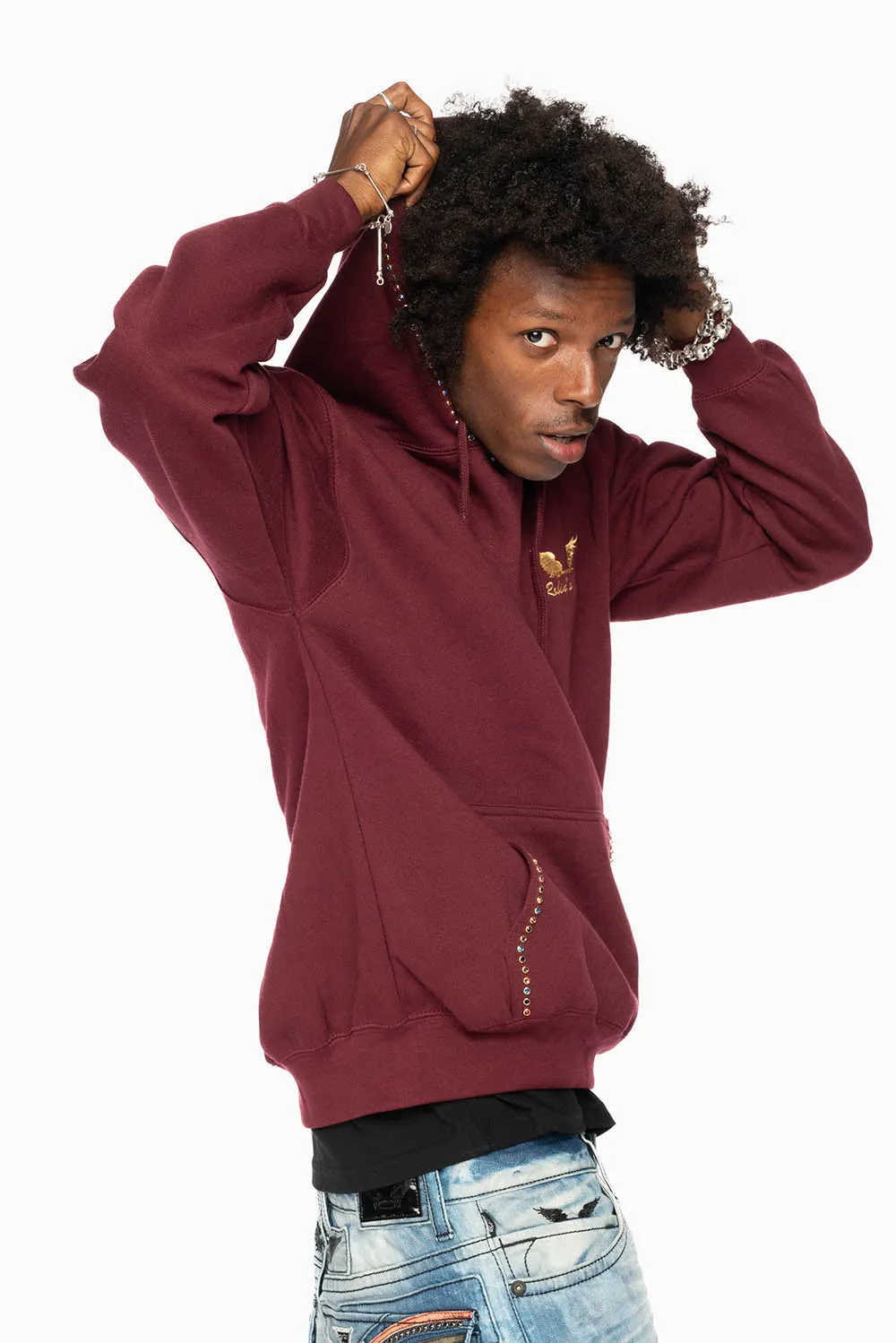 ROBIN’S JEAN PULLOVER HOODIE IN BURGUNDY EMBELLISHED WITH MULTI-COLOR CRYSTALS sold by Robin's Jean product image thumbnail 5