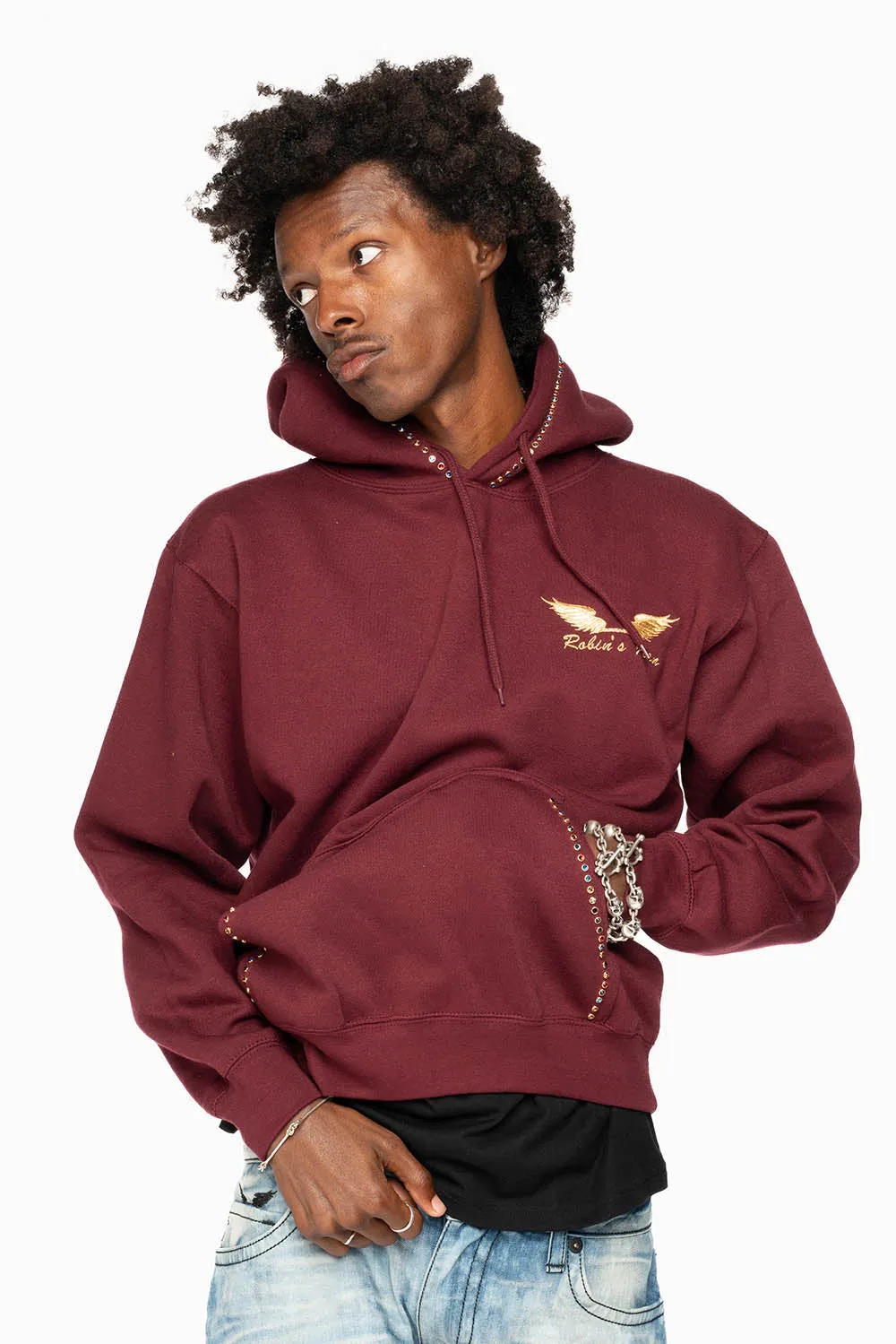 ROBIN’S JEAN PULLOVER HOODIE IN BURGUNDY EMBELLISHED WITH MULTI-COLOR CRYSTALS sold by Robin's Jean product image thumbnail 3