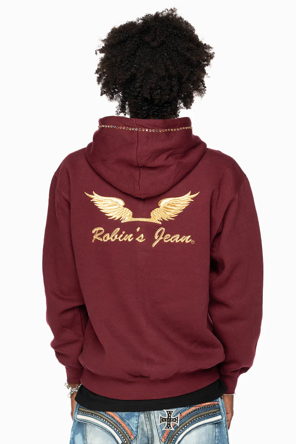 ROBIN’S JEAN PULLOVER HOODIE IN BURGUNDY EMBELLISHED WITH MULTI-COLOR CRYSTALS sold by Robin's Jean product image thumbnail 2