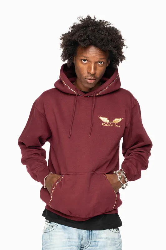 ROBIN’S JEAN PULLOVER HOODIE IN BURGUNDY EMBELLISHED WITH MULTI-COLOR CRYSTALS sold by Robin's Jean