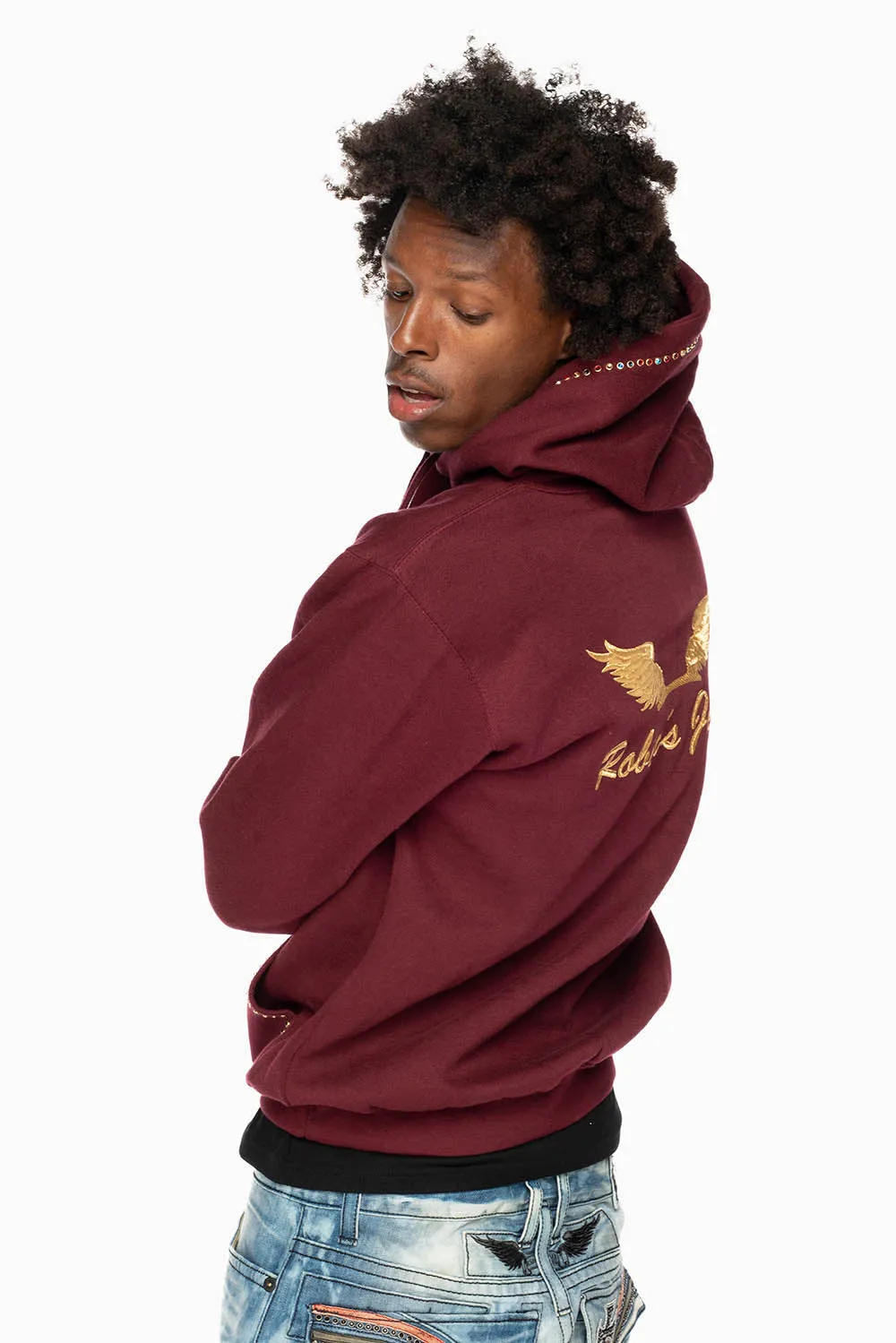 ROBIN’S JEAN PULLOVER HOODIE IN BURGUNDY EMBELLISHED WITH MULTI-COLOR CRYSTALS sold by Robin's Jean product image thumbnail 4