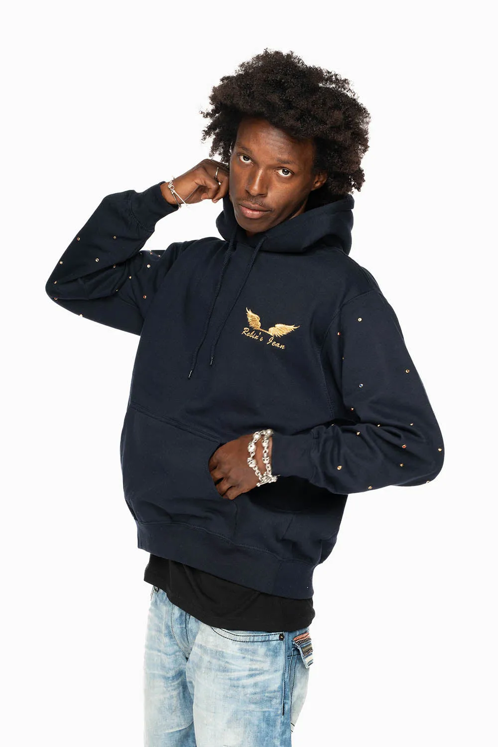 ROBIN’S JEAN PULLOVER HOODIE IN NAVY EMBELLISHED SLEEVES WITH CRYSTALS AND GOLD WINGS EMBROIDERY sold by Robin's Jean product image thumbnail 5
