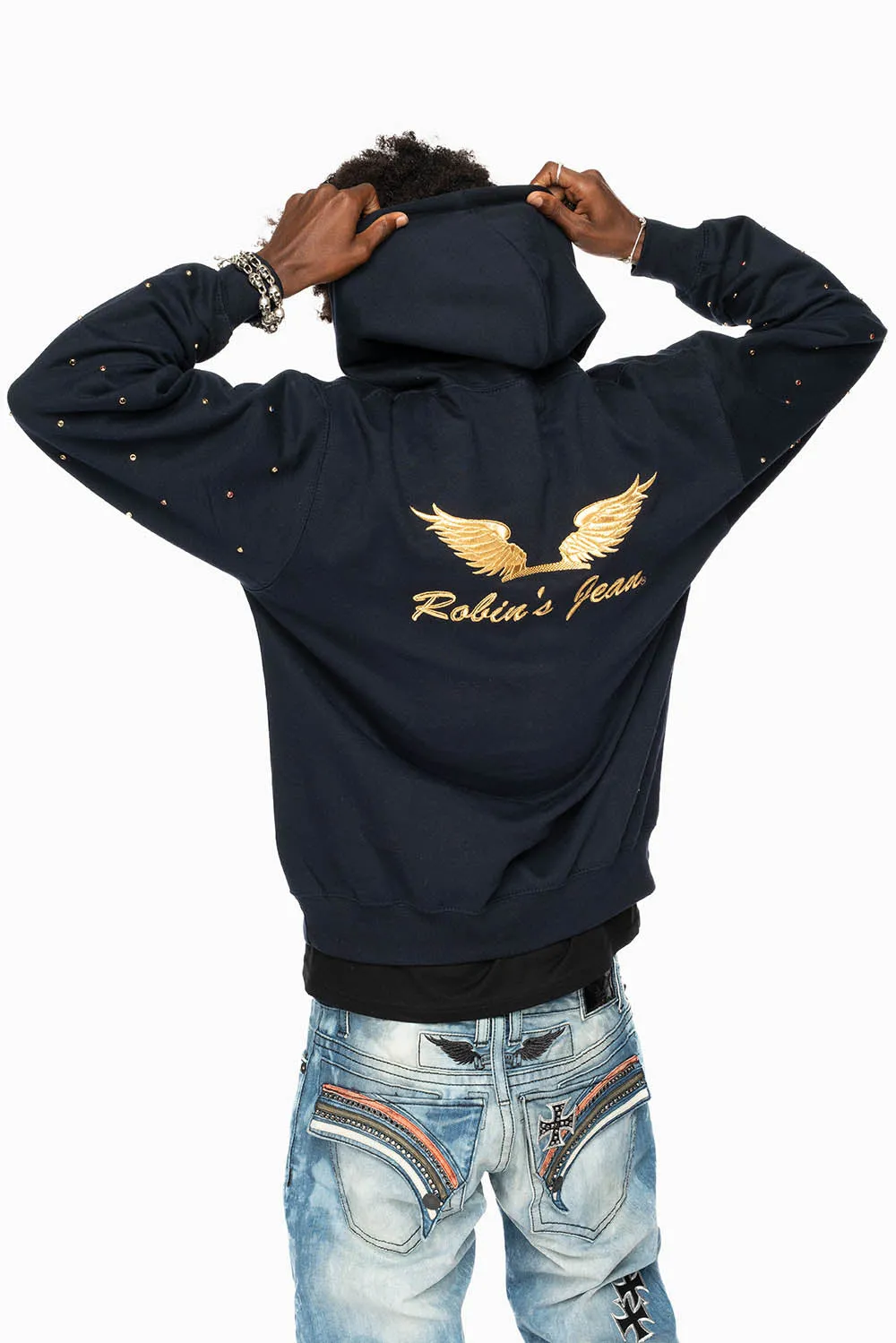 ROBIN’S JEAN PULLOVER HOODIE IN NAVY EMBELLISHED SLEEVES WITH CRYSTALS AND GOLD WINGS EMBROIDERY sold by Robin's Jean