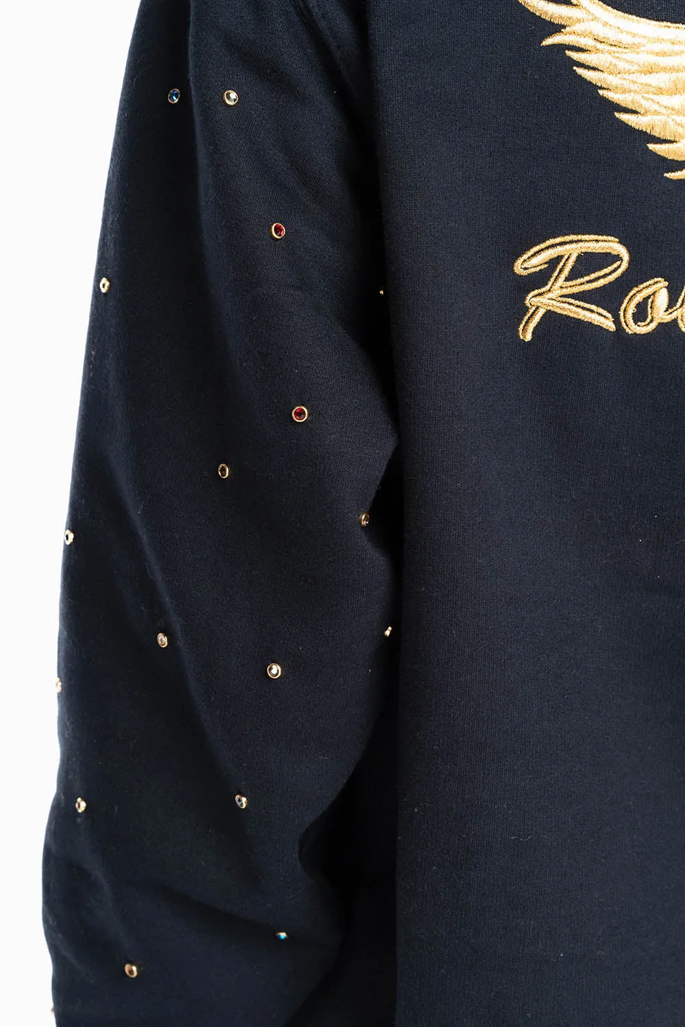 ROBIN’S JEAN PULLOVER HOODIE IN NAVY EMBELLISHED SLEEVES WITH CRYSTALS AND GOLD WINGS EMBROIDERY sold by Robin's Jean product image thumbnail 2