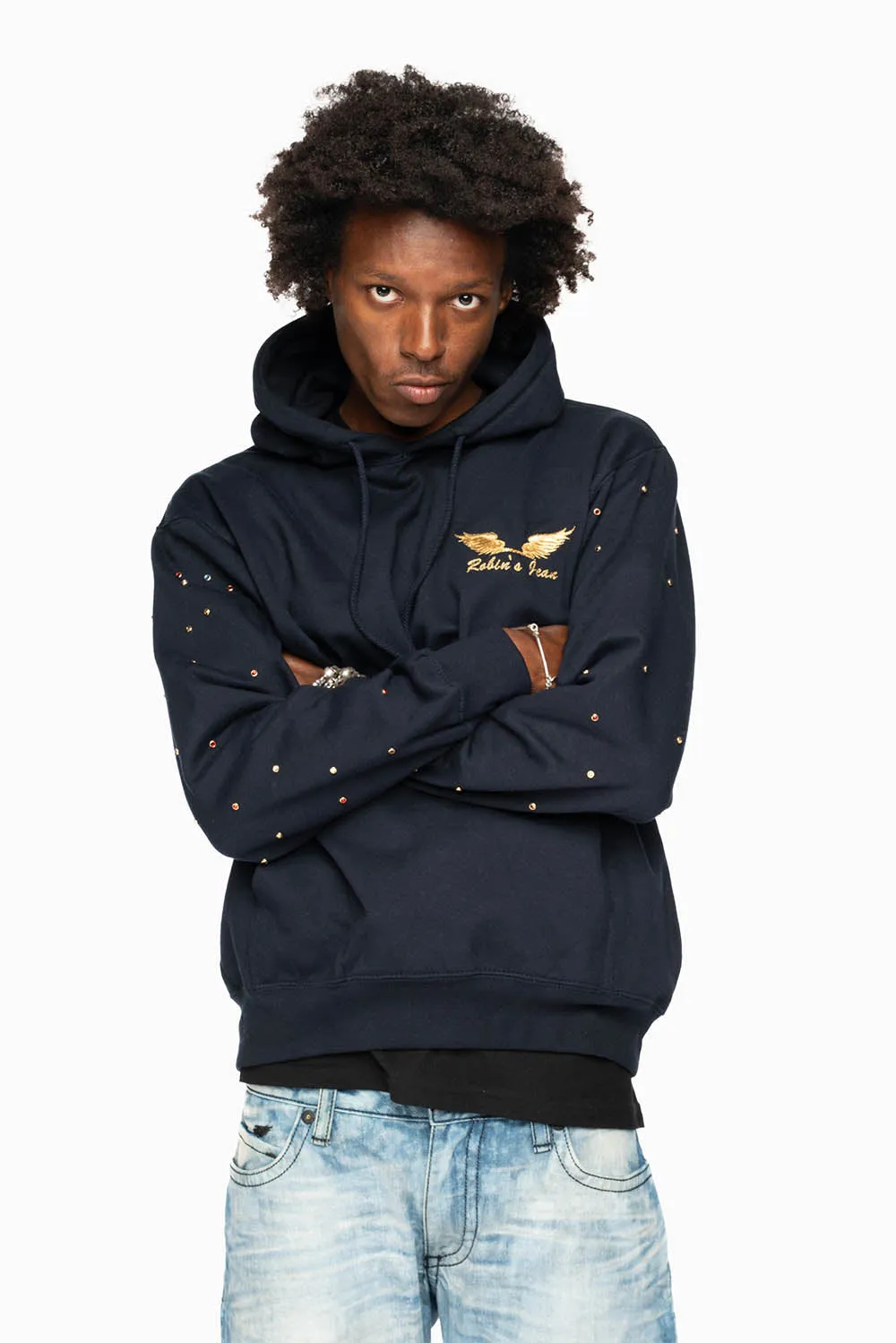 ROBIN’S JEAN PULLOVER HOODIE IN NAVY EMBELLISHED SLEEVES WITH CRYSTALS AND GOLD WINGS EMBROIDERY sold by Robin's Jean product image thumbnail 3