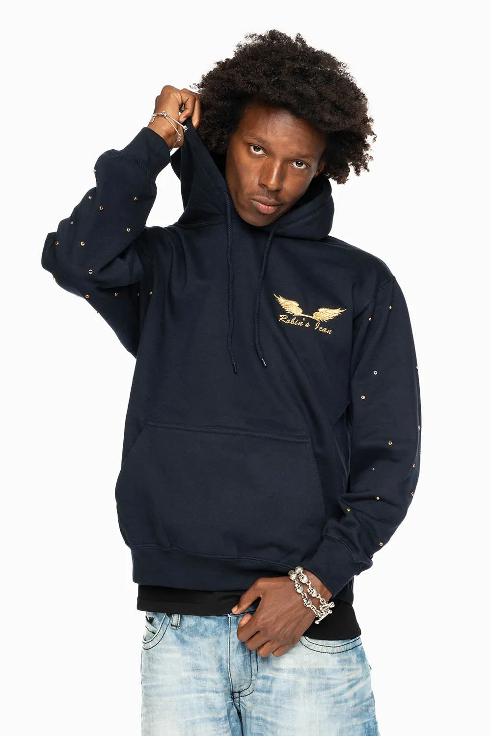 ROBIN’S JEAN PULLOVER HOODIE IN NAVY EMBELLISHED SLEEVES WITH CRYSTALS AND GOLD WINGS EMBROIDERY sold by Robin's Jean product image thumbnail 4
