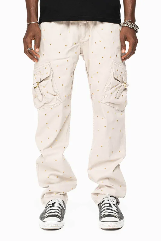 ROBINS NEW MILITARY STYLE CARGO PANTS IN STONE COLOR WASH EMBELLISHED ALLOVER WITH CRYSTALS sold by Robin's Jean