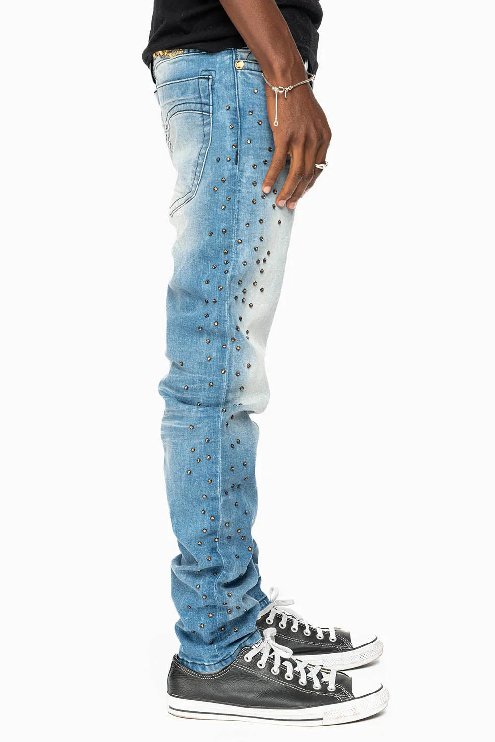 SKINNY JEAN IN BLUE 5D LIGHT WASH EMBELLISHED SIDE LEGS WITH CRYSTALS sold by Robin's Jean