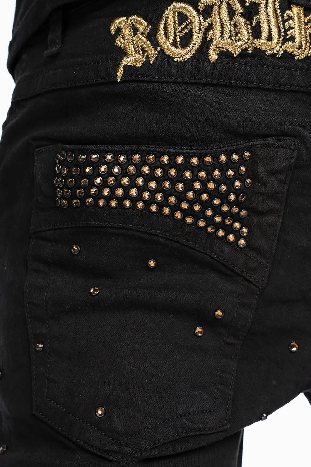 SKINNY JEAN IN PURE BLACK WITH GOLD O.E. LOGO EMBELLISHED ALLOVER WITH SMOKY TOPAZ CRYSTALS sold by Robin's Jean product image thumbnail 2