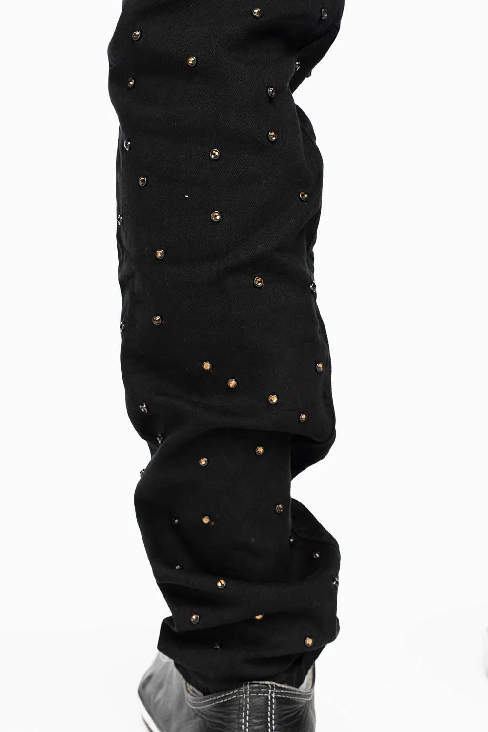 SKINNY JEAN IN PURE BLACK WITH GOLD O.E. LOGO EMBELLISHED ALLOVER WITH SMOKY TOPAZ CRYSTALS sold by Robin's Jean product image thumbnail 4