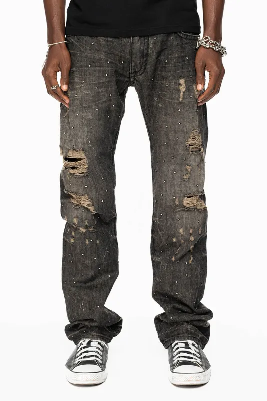 STRAIGHT LEG JEANS IN CHARCOAL MODOC BROKEN WASH EMBELLISHED ALL OVER WITH CRYSTALS sold by Robin's Jean