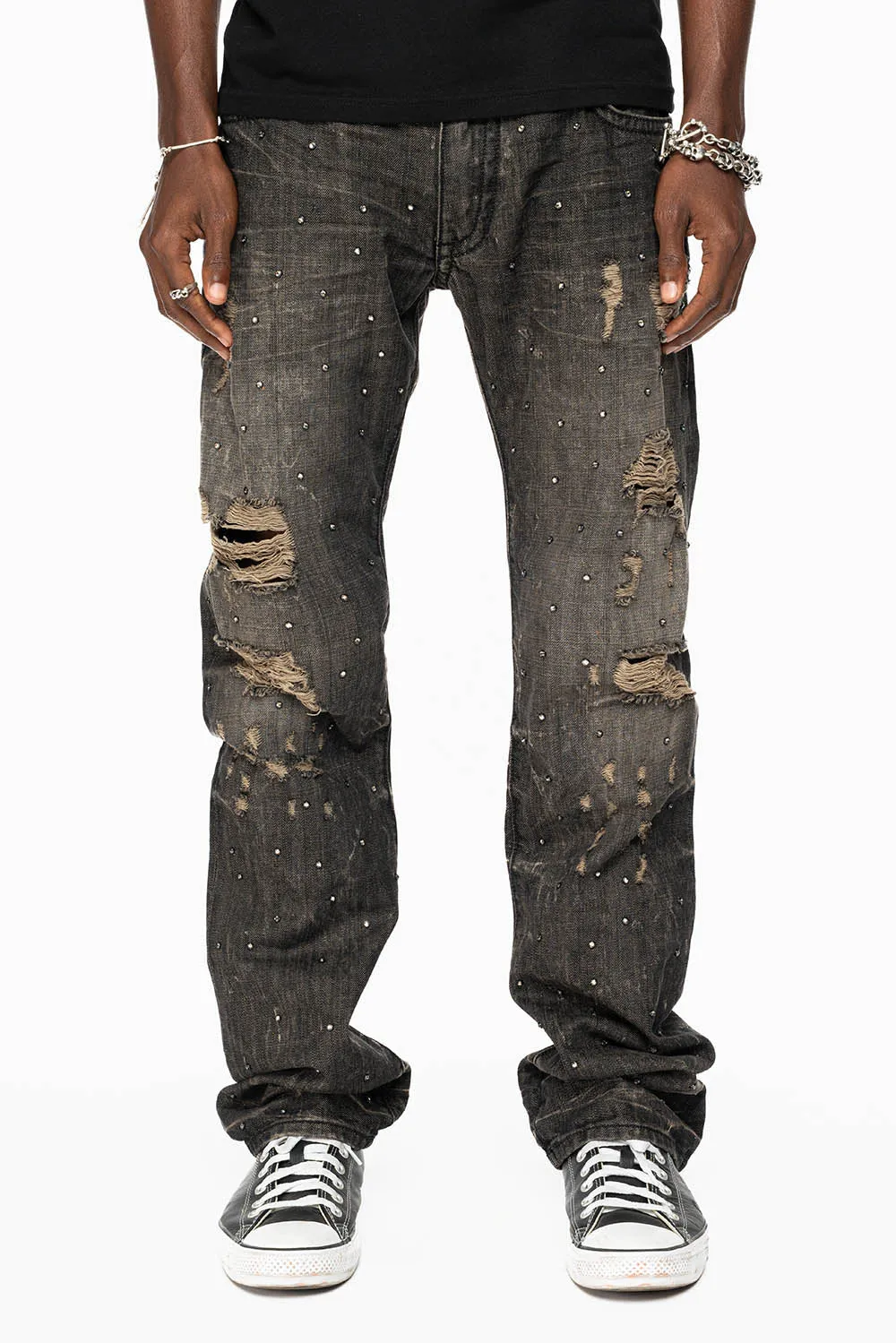 STRAIGHT LEG JEANS IN CHARCOAL MODOC BROKEN WASH EMBELLISHED ALL OVER WITH CRYSTALS sold by Robin's Jean