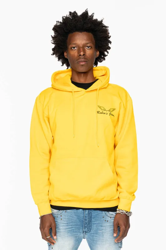 ROBIN’S JEAN PULLOVER HOODIE IN YELLOW WITH  BLACK WING PRINT sold by Robin's Jean