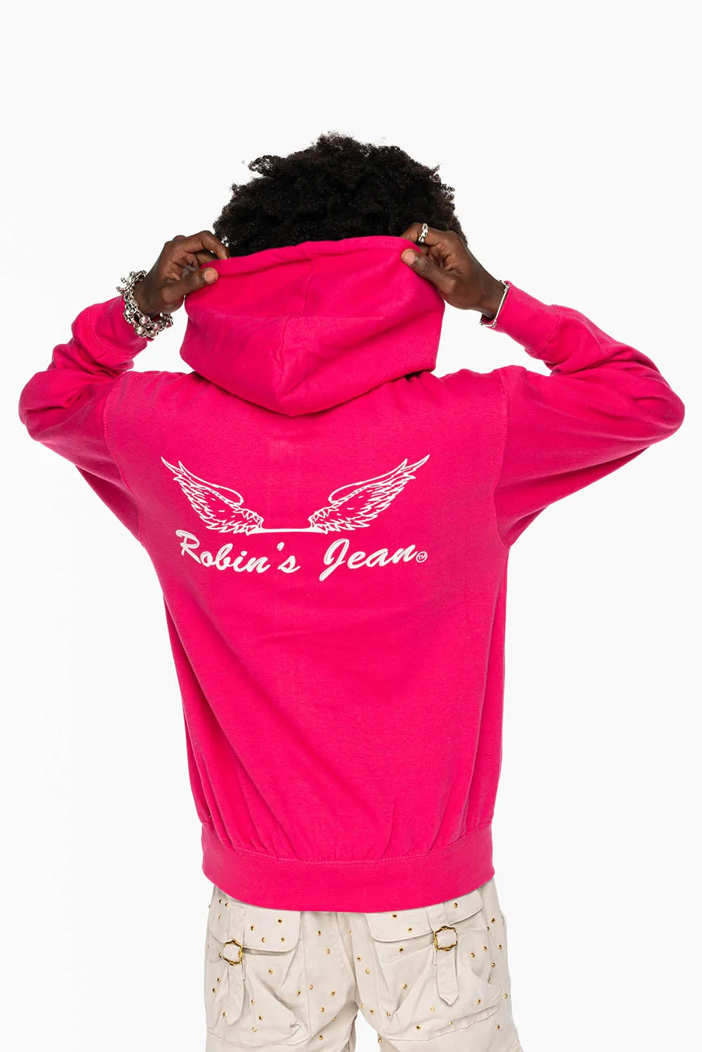 ROBIN’S JEAN PULLOVER HOODIE IN FUCHsIA WITH WHITE WING PRINT sold by Robin's Jean product image thumbnail 5