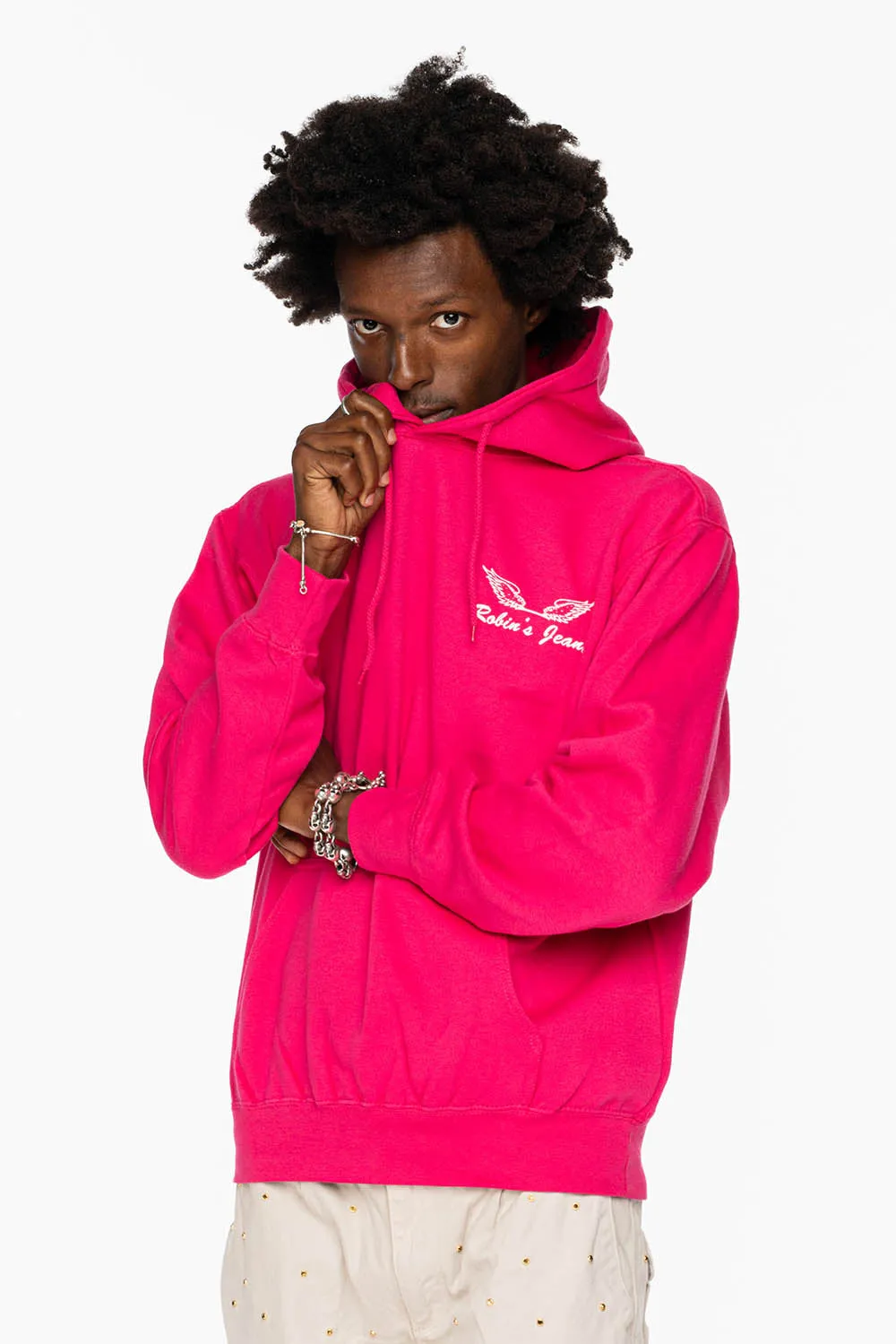 ROBIN’S JEAN PULLOVER HOODIE IN FUCHsIA WITH WHITE WING PRINT sold by Robin's Jean product image thumbnail 3