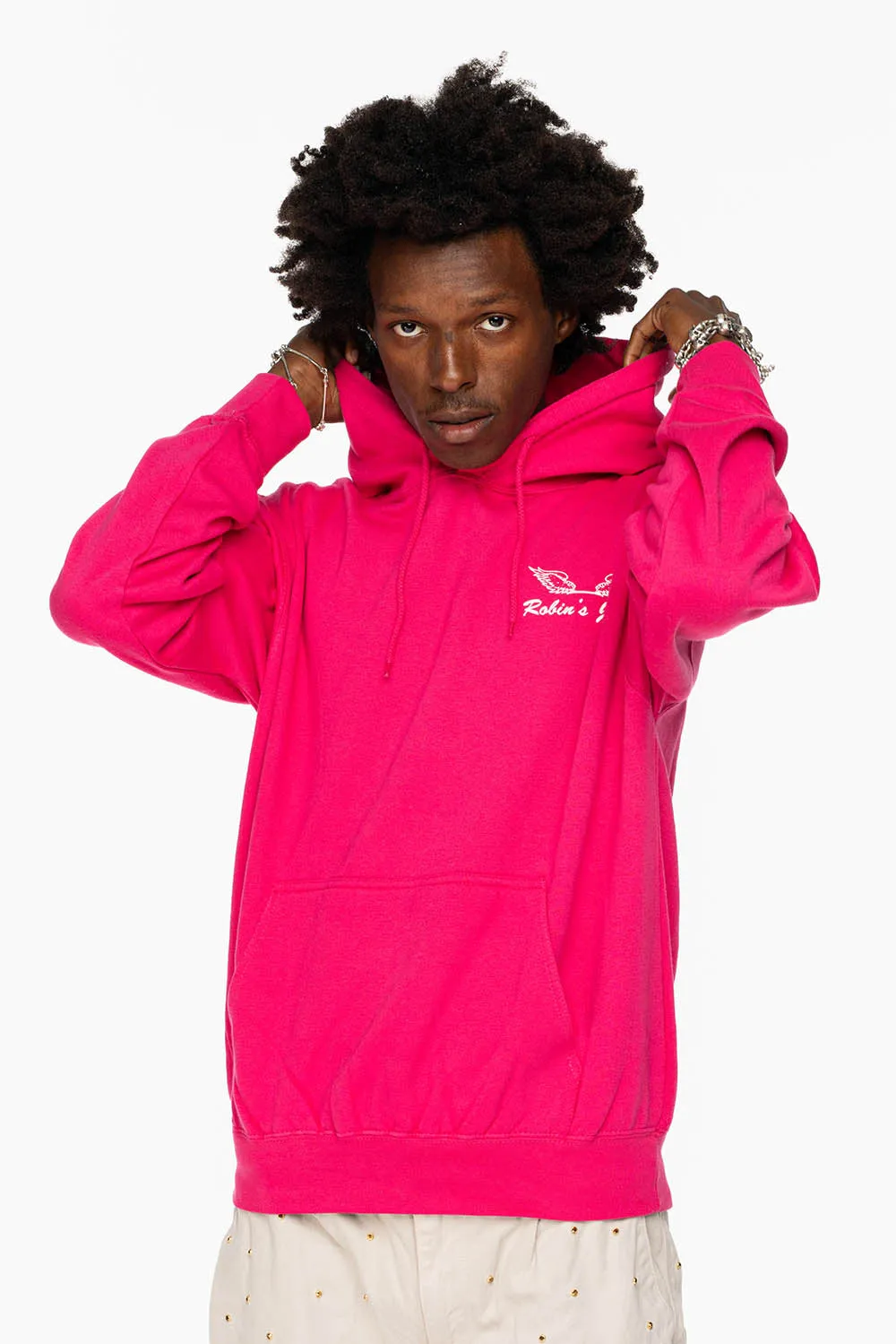 ROBIN’S JEAN PULLOVER HOODIE IN FUCHsIA WITH WHITE WING PRINT sold by Robin's Jean product image thumbnail 4