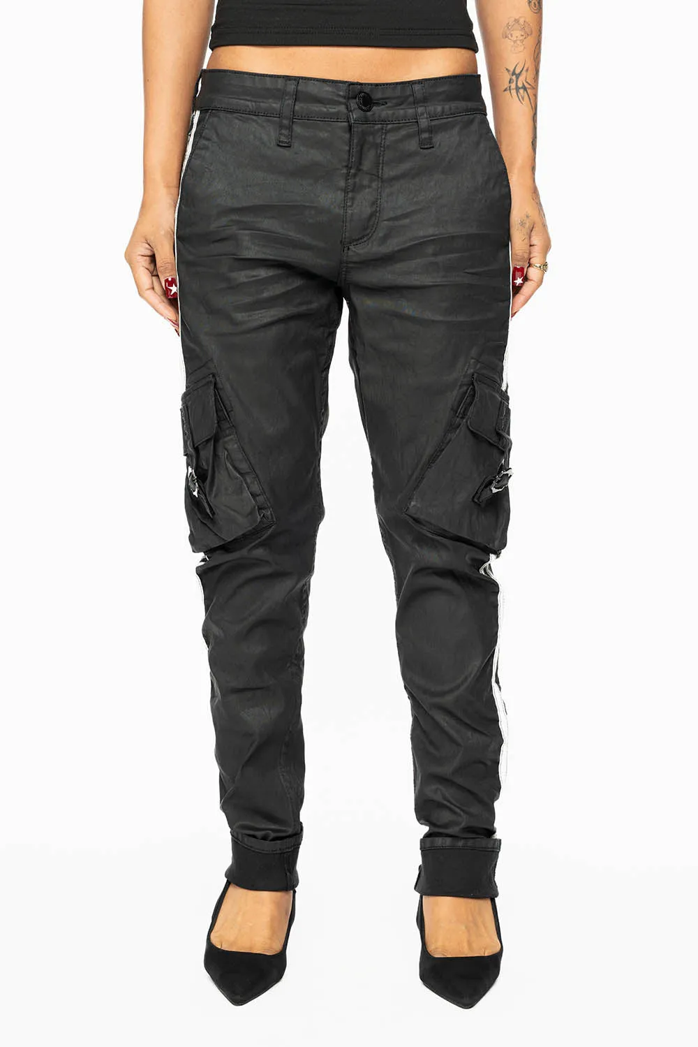 PREDATOR WOMENS SPORTY CARGO PANTS IN DY BLACK WITH TONAL EMBROIDERY AND SIDE STRIPE sold by Robin's Jean product image thumbnail 4