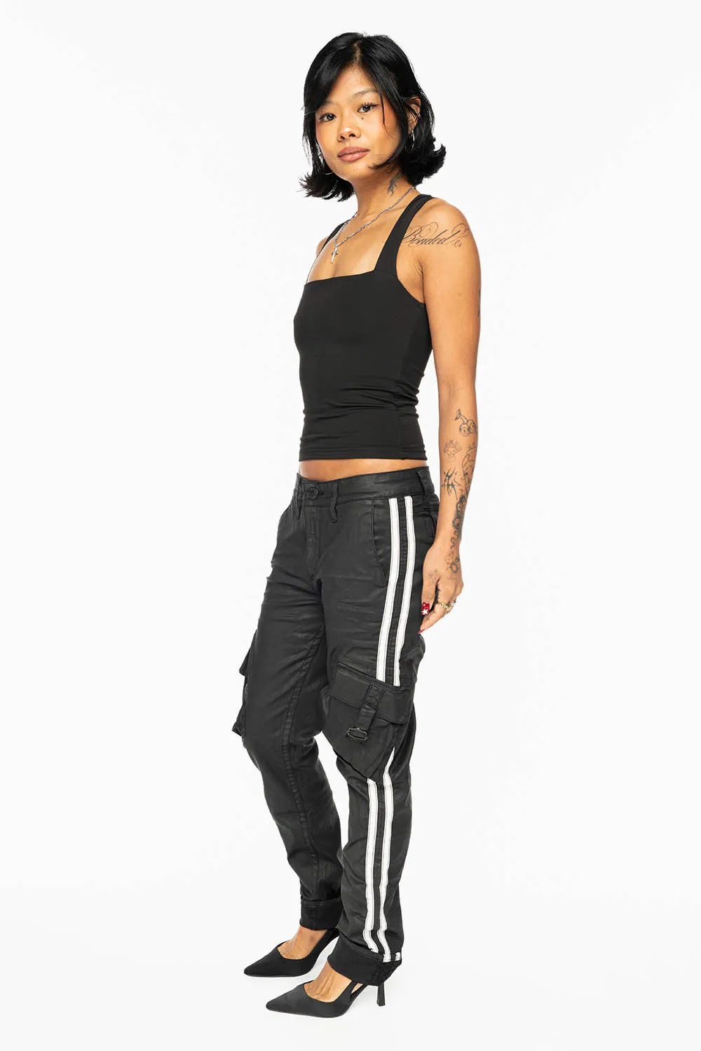 PREDATOR WOMENS SPORTY CARGO PANTS IN DY BLACK WITH TONAL EMBROIDERY AND SIDE STRIPE sold by Robin's Jean