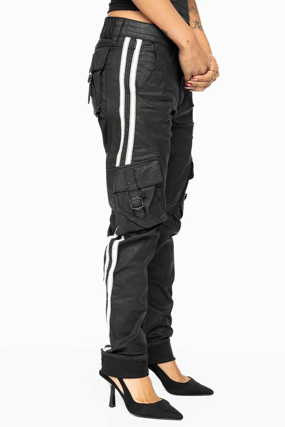 PREDATOR WOMENS SPORTY CARGO PANTS IN DY BLACK WITH TONAL EMBROIDERY AND SIDE STRIPE sold by Robin's Jean product image thumbnail 5