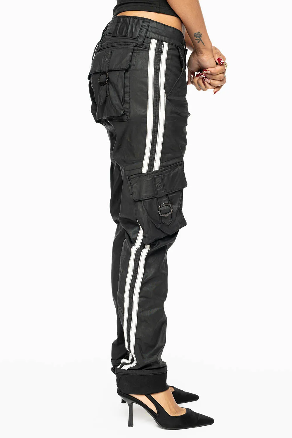 PREDATOR WOMENS SPORTY CARGO PANTS IN DY BLACK WITH TONAL EMBROIDERY AND SIDE STRIPE sold by Robin's Jean product image thumbnail 2