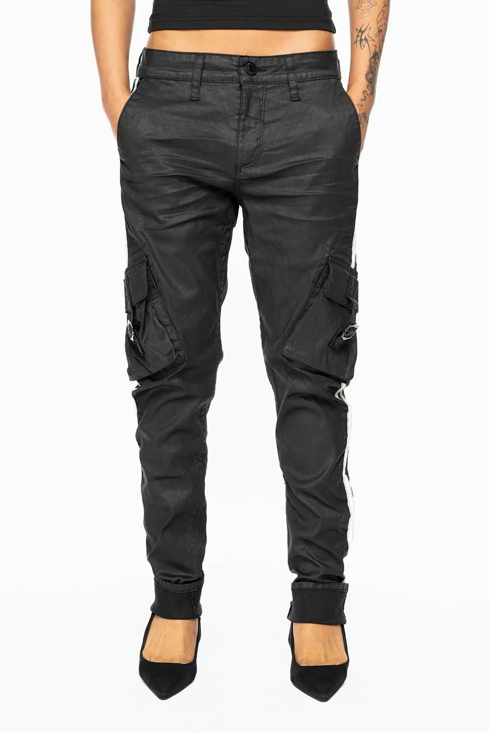 PREDATOR WOMENS SPORTY CARGO PANTS IN DY BLACK WITH TONAL EMBROIDERY AND SIDE STRIPE sold by Robin's Jean product image thumbnail 3