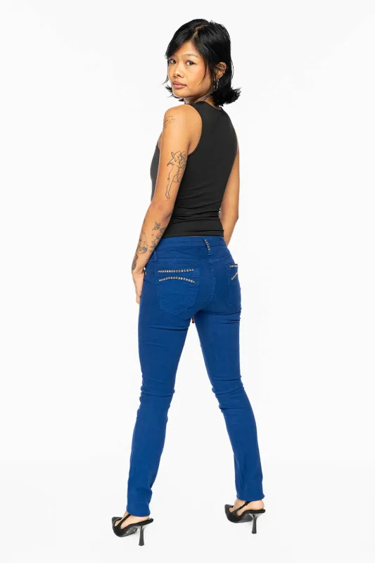 MARILYN LOW RISE WOMENS SKINNY JEANS IN  ROYAL BLUE WASH WITH AURUM CRYSTALS sold by Robin's Jean