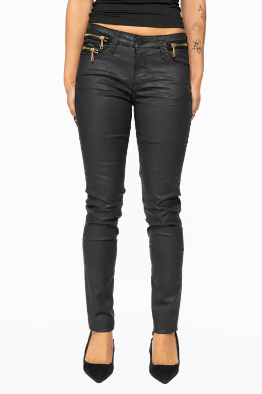 ROBIN’S NEW ZIPPER SKINNY JEANS IN DY BLACK WITH TONAL EMBROIDERY sold by Robin's Jean