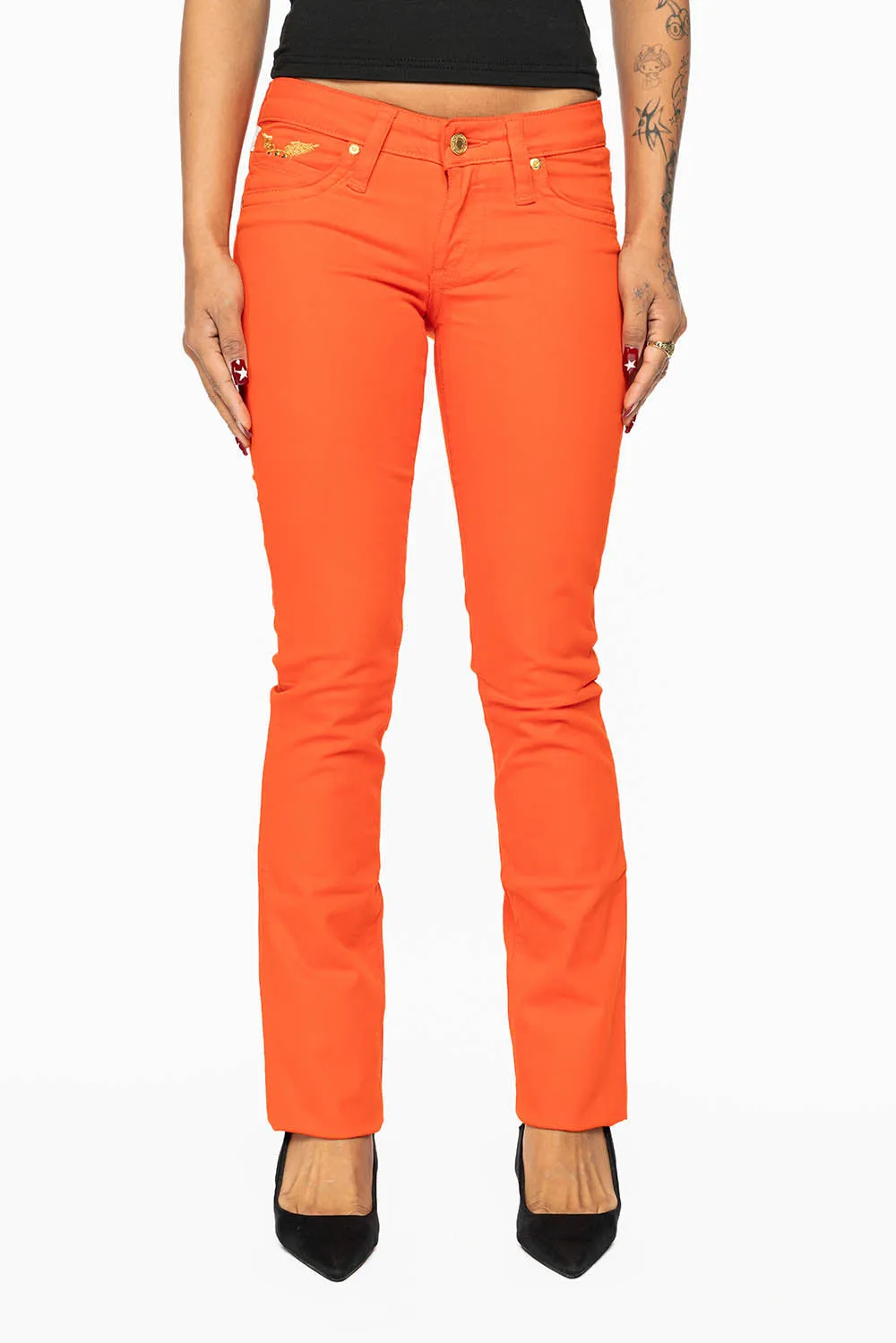 MARILYN LOW RISE WOMENS JEANS IN TANGERINE WASH WITH GOLD WINGS & AURUM CRYSTALS sold by Robin's Jean product image thumbnail 2