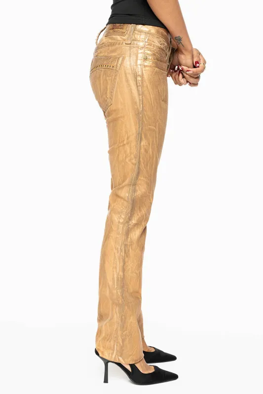 MARILYN LOW RISE WOMENS JEANS IN BRONZE FOIL WITH TONAL WINGS & SMOKY TOPAZ CRYSTALS sold by Robin's Jean