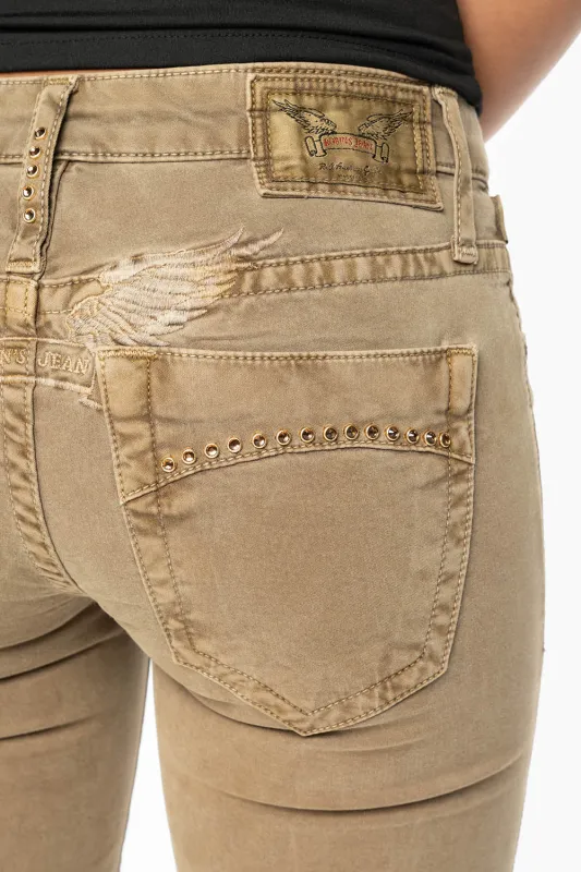 MARILYN LOW RISE WOMENS JEANS IN KANGAROO WITH TONAL WINGS & SMOKY TOPAZ CRYSTALS sold by Robin's Jean