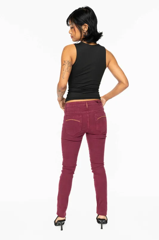 JANE MID RISE WOMENS SKINNY JEANS IN SANGRIA WASH WITH RED CRYSTALS sold by Robin's Jean