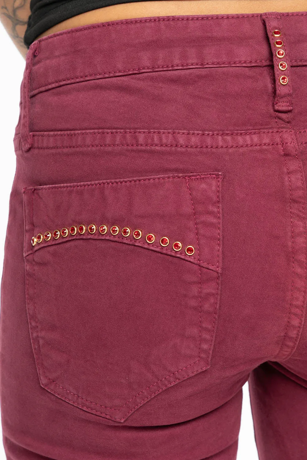 JANE MID RISE WOMENS SKINNY JEANS IN SANGRIA WASH WITH RED CRYSTALS sold by Robin's Jean product image thumbnail 3