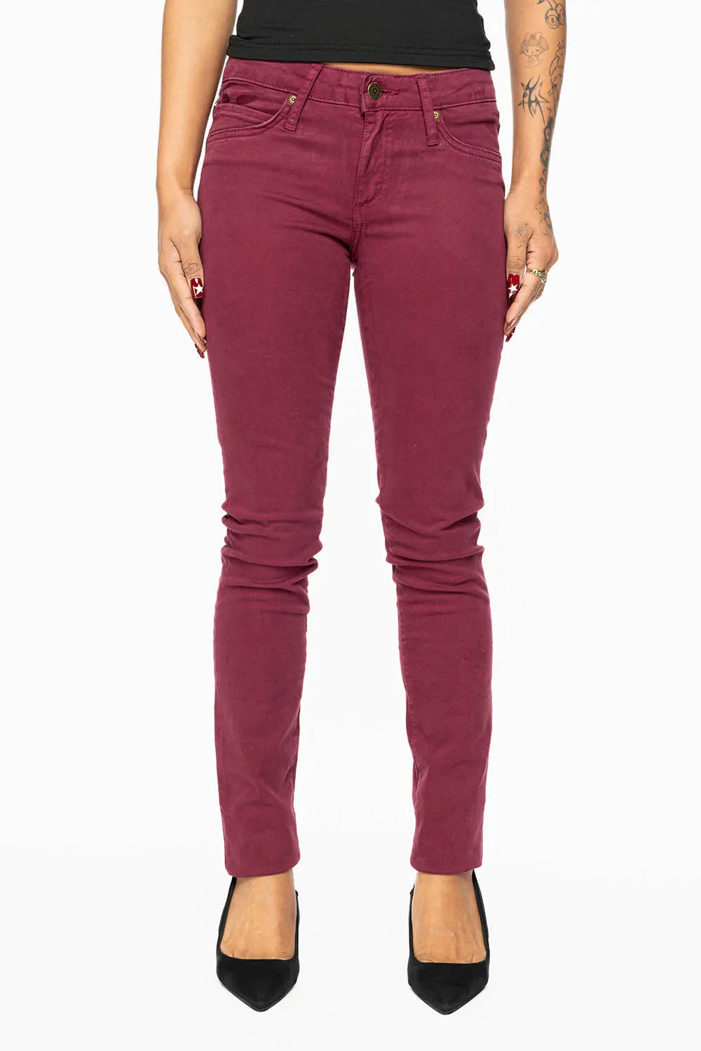 JANE MID RISE WOMENS SKINNY JEANS IN SANGRIA WASH WITH RED CRYSTALS sold by Robin's Jean product image thumbnail 2